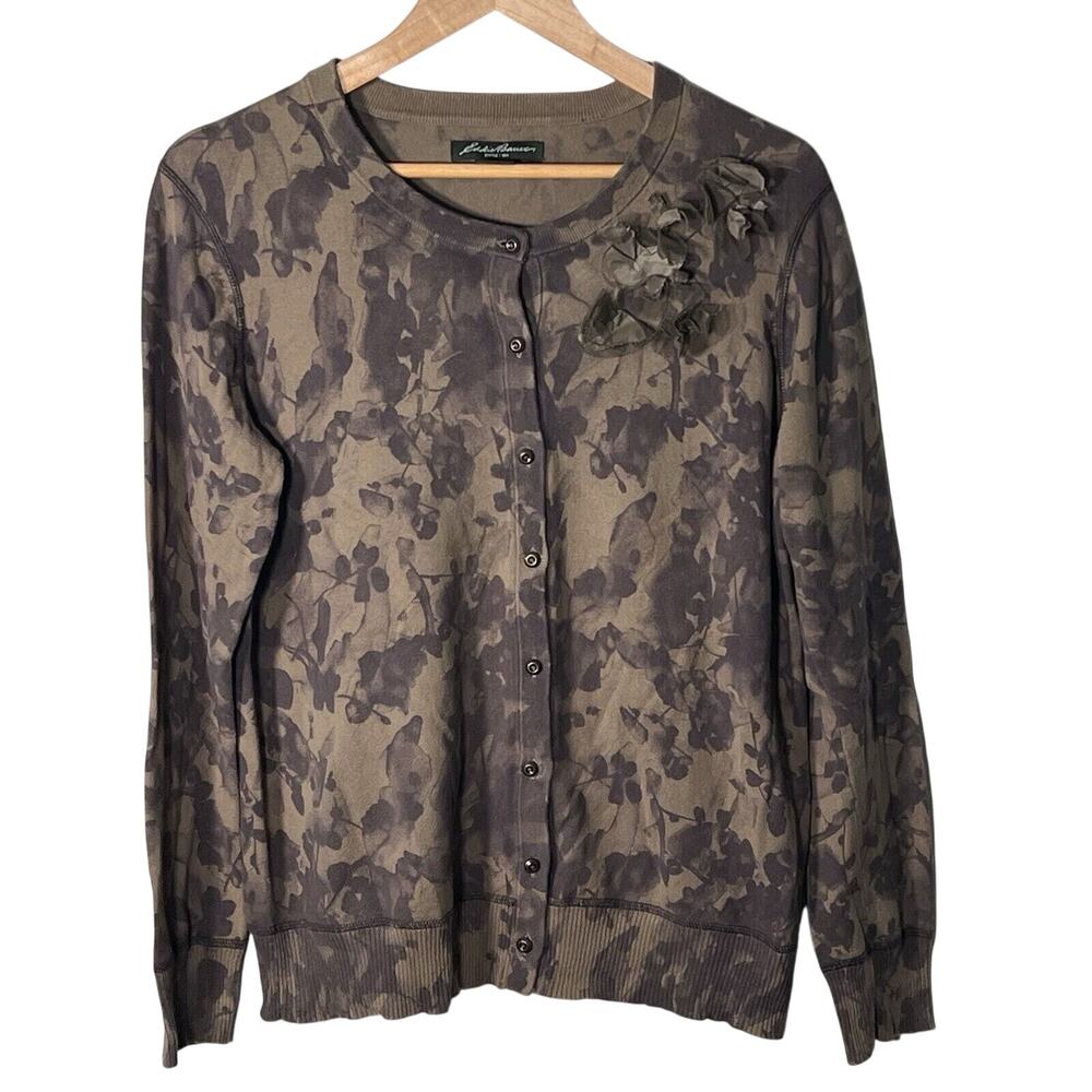 Eddie Bauer Cardigan Sweater Women's XL Green Floral Print Long Sleeve